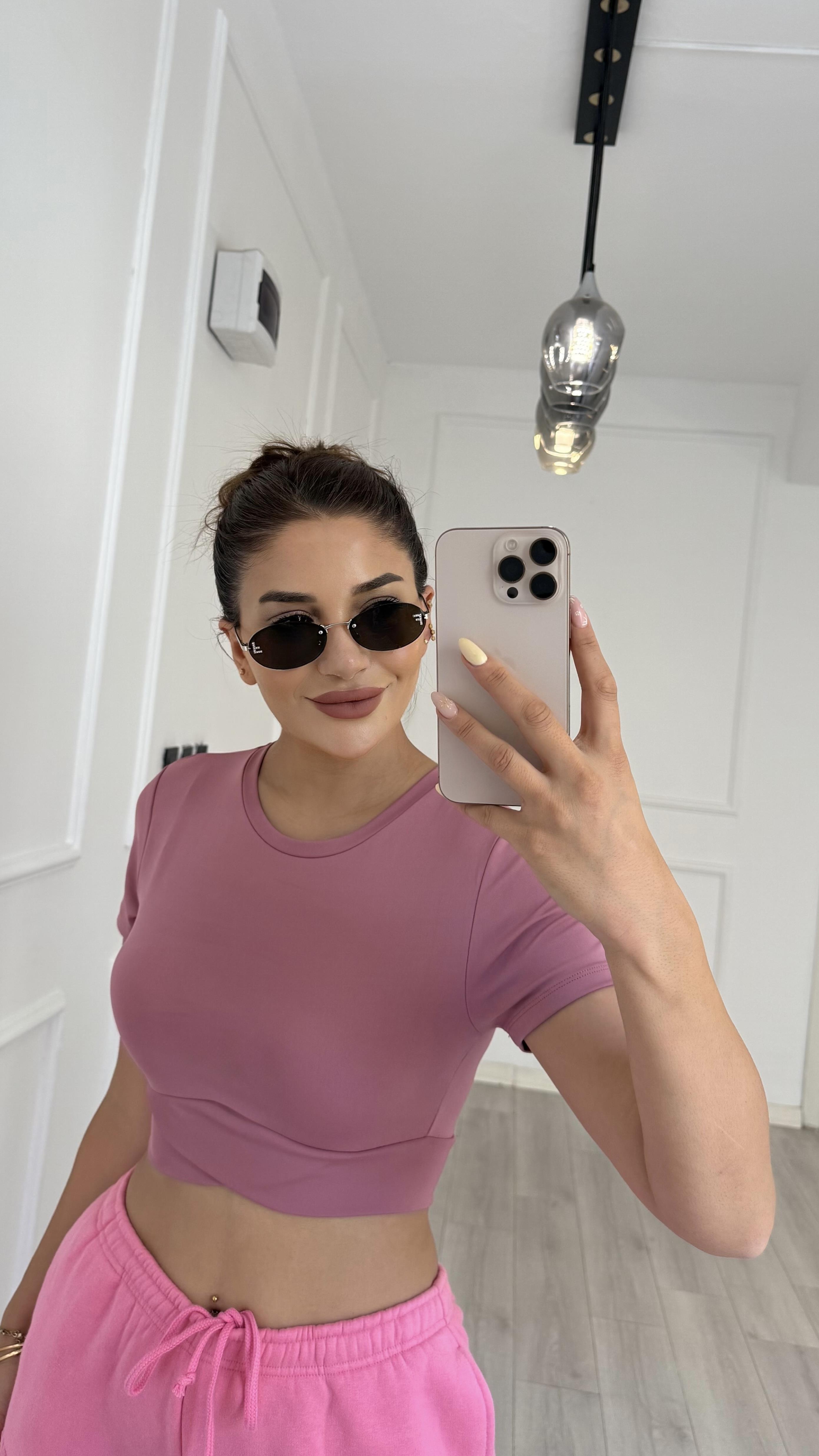 Kısa Kol Bisiklet Sporcu Crop Top -Gül Kurusu