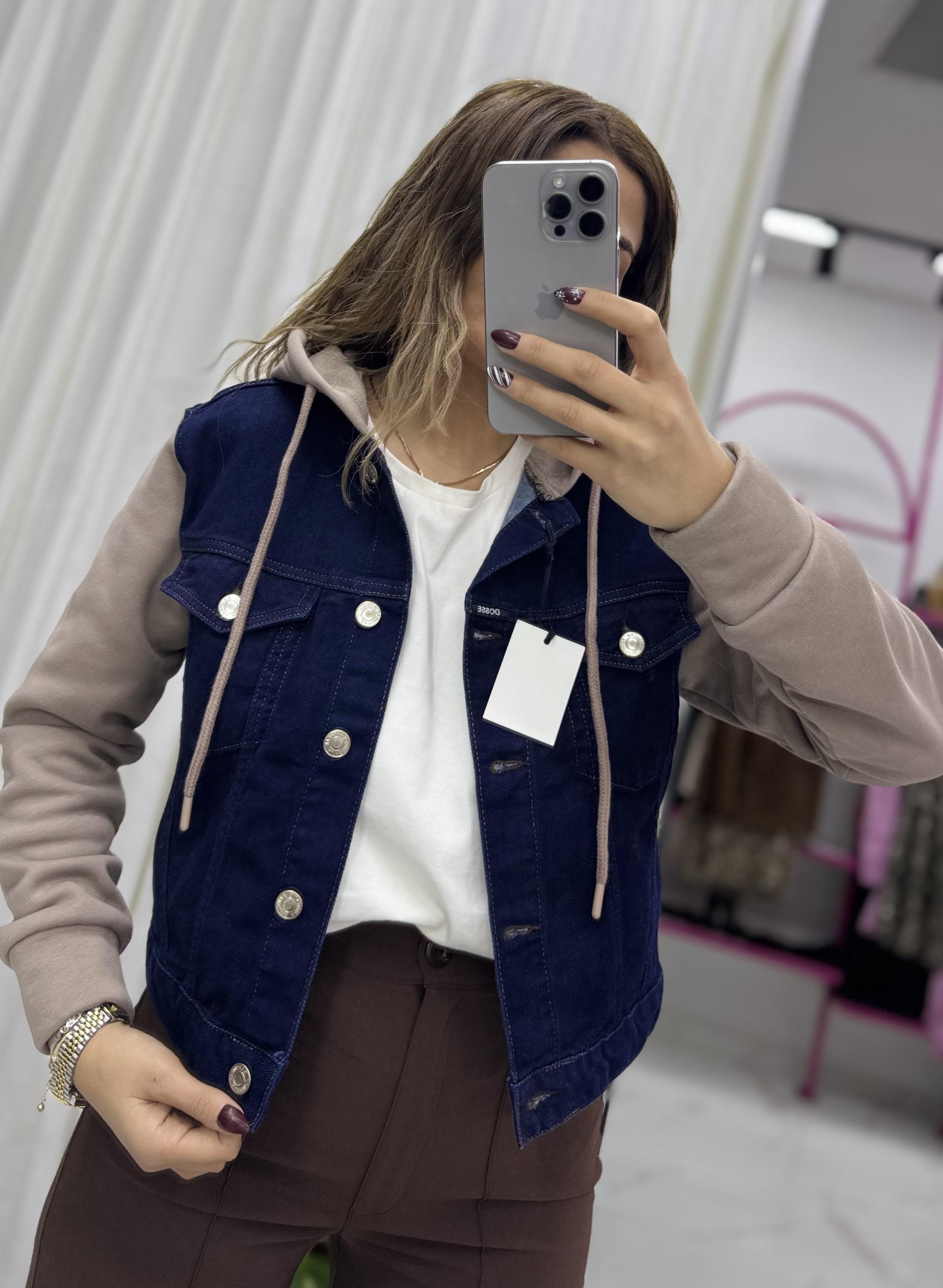 Kolları Kahverengi Kapüşonlu Lacivert Denim Kot Ceket