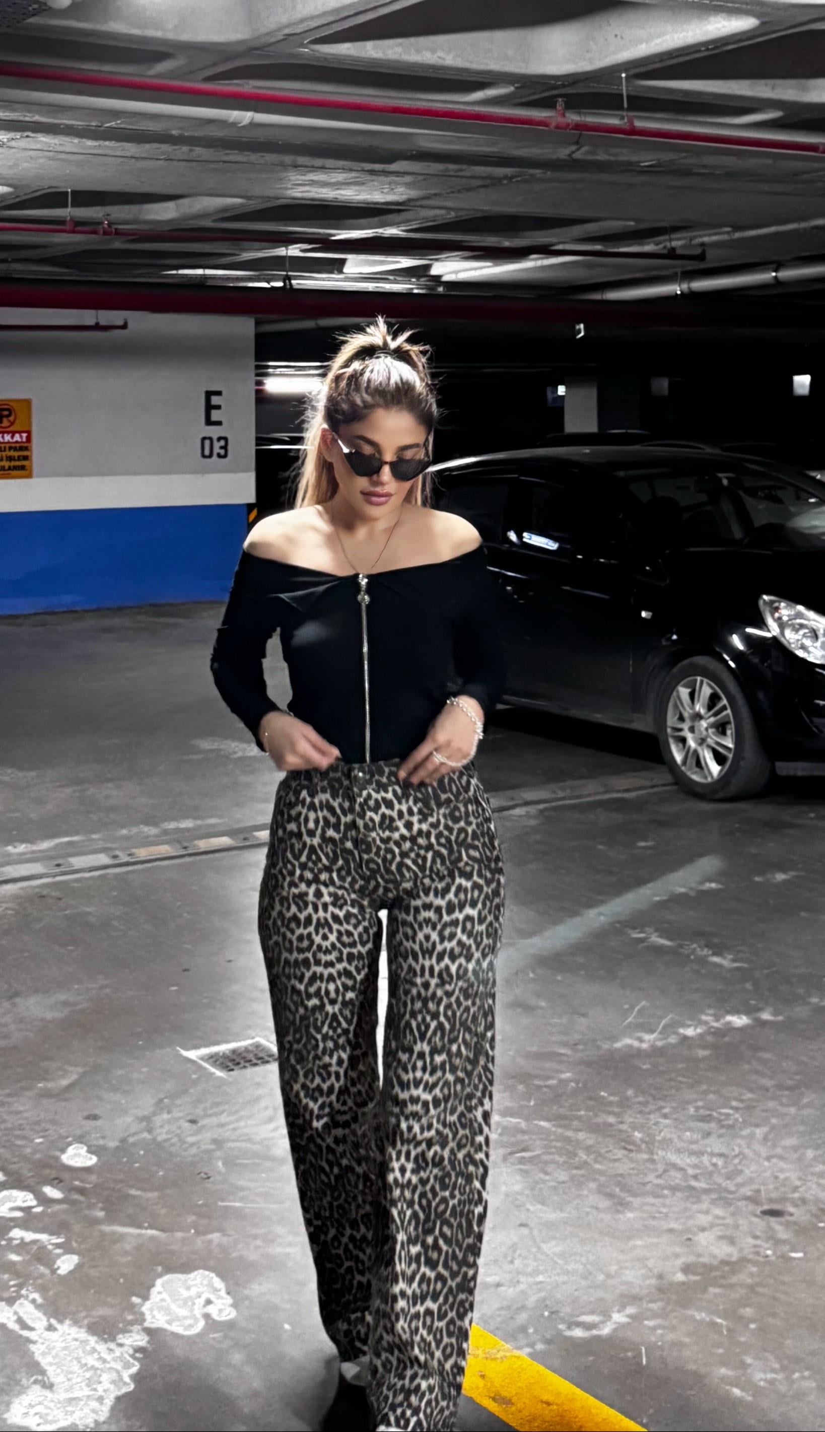 Leopar  Desenli Straight Jean