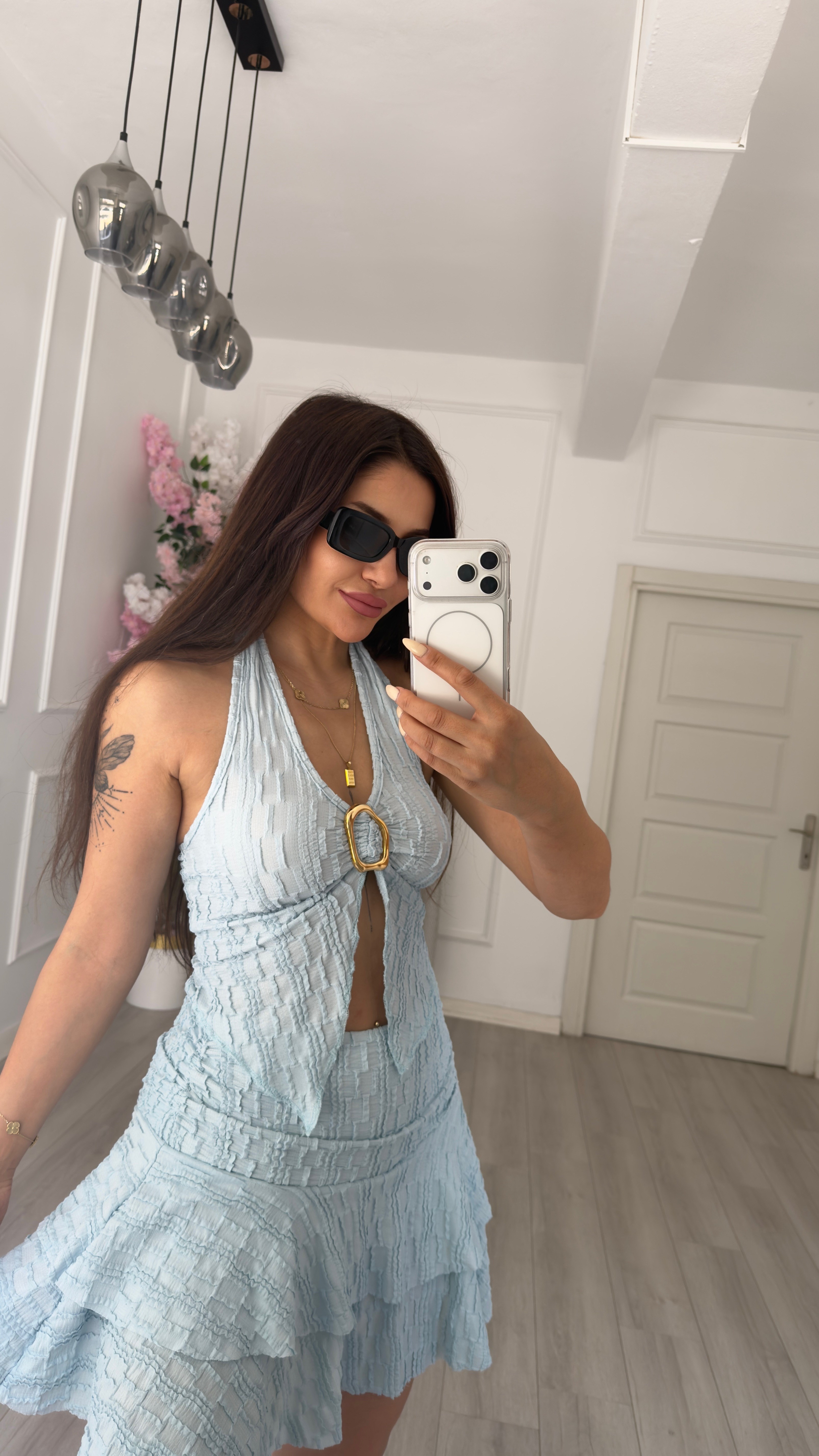 Mavi Toka Detaylı Şortlu Etek Bluz Takım