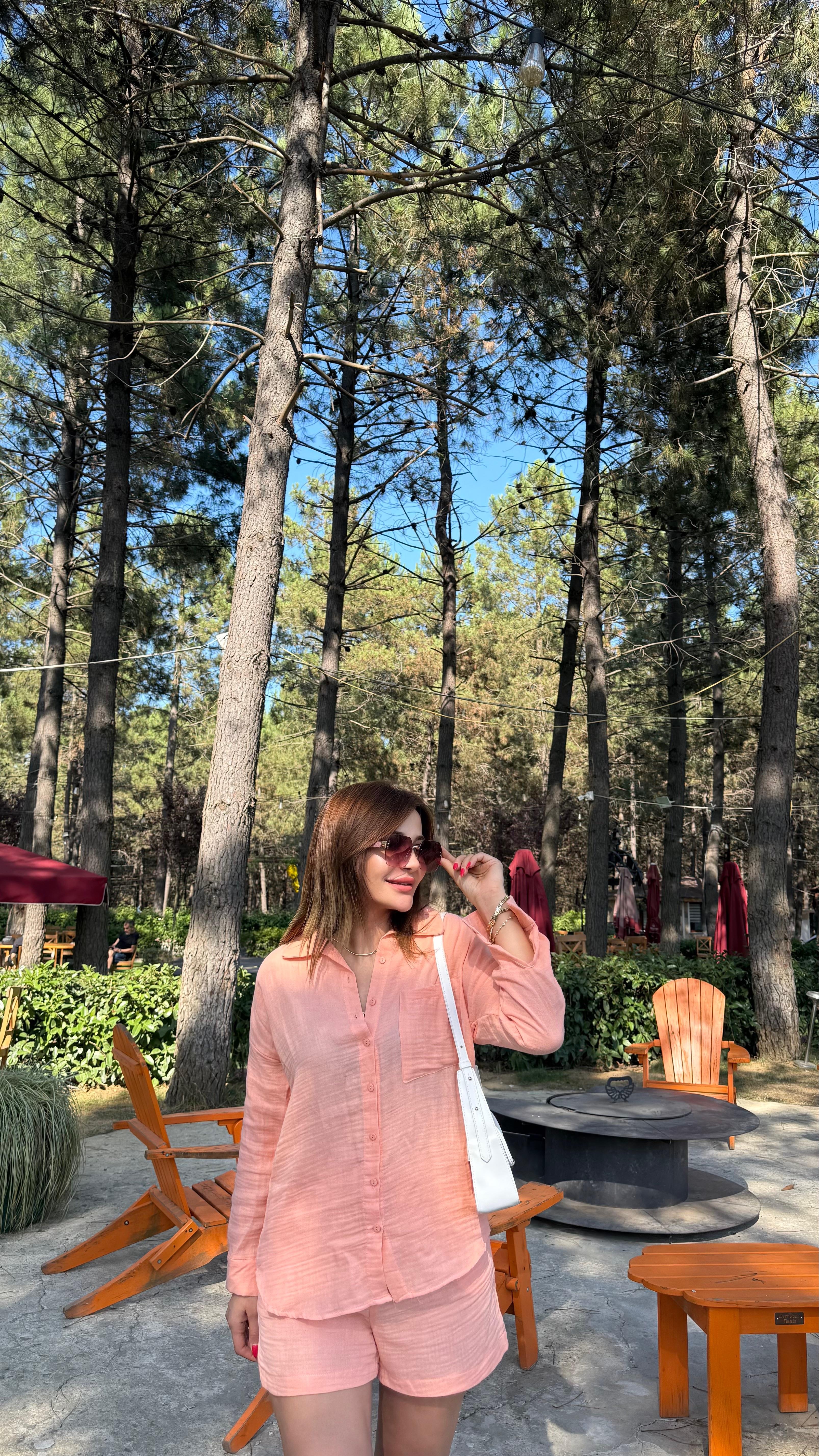 Pembe Müslin Kumaş Rahat Kesim Gömlek Şort İkili Takım