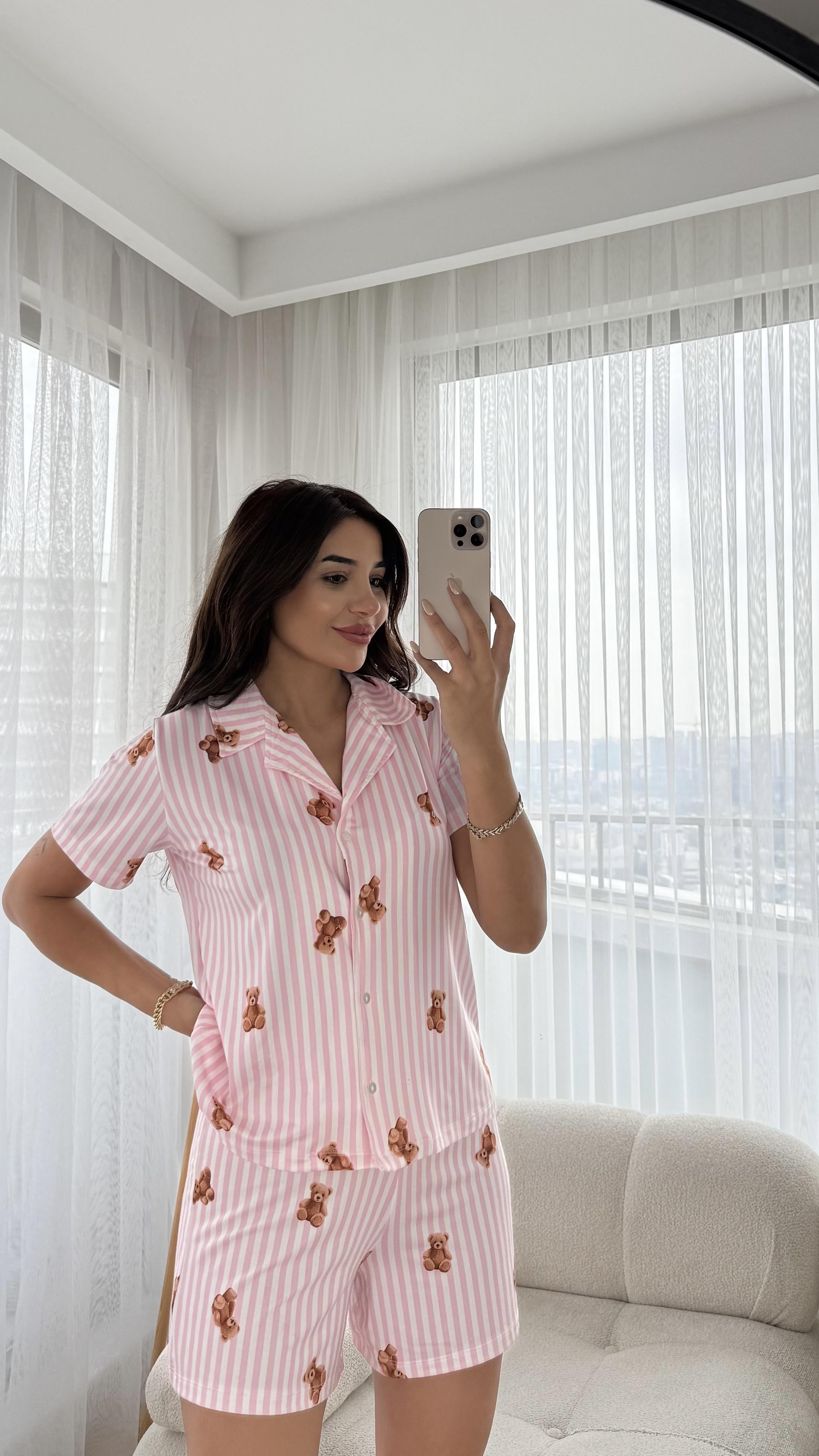 Pembe Premium Kalite Gömlek Şortlu Ayıcık Desenli Pijama Takımı