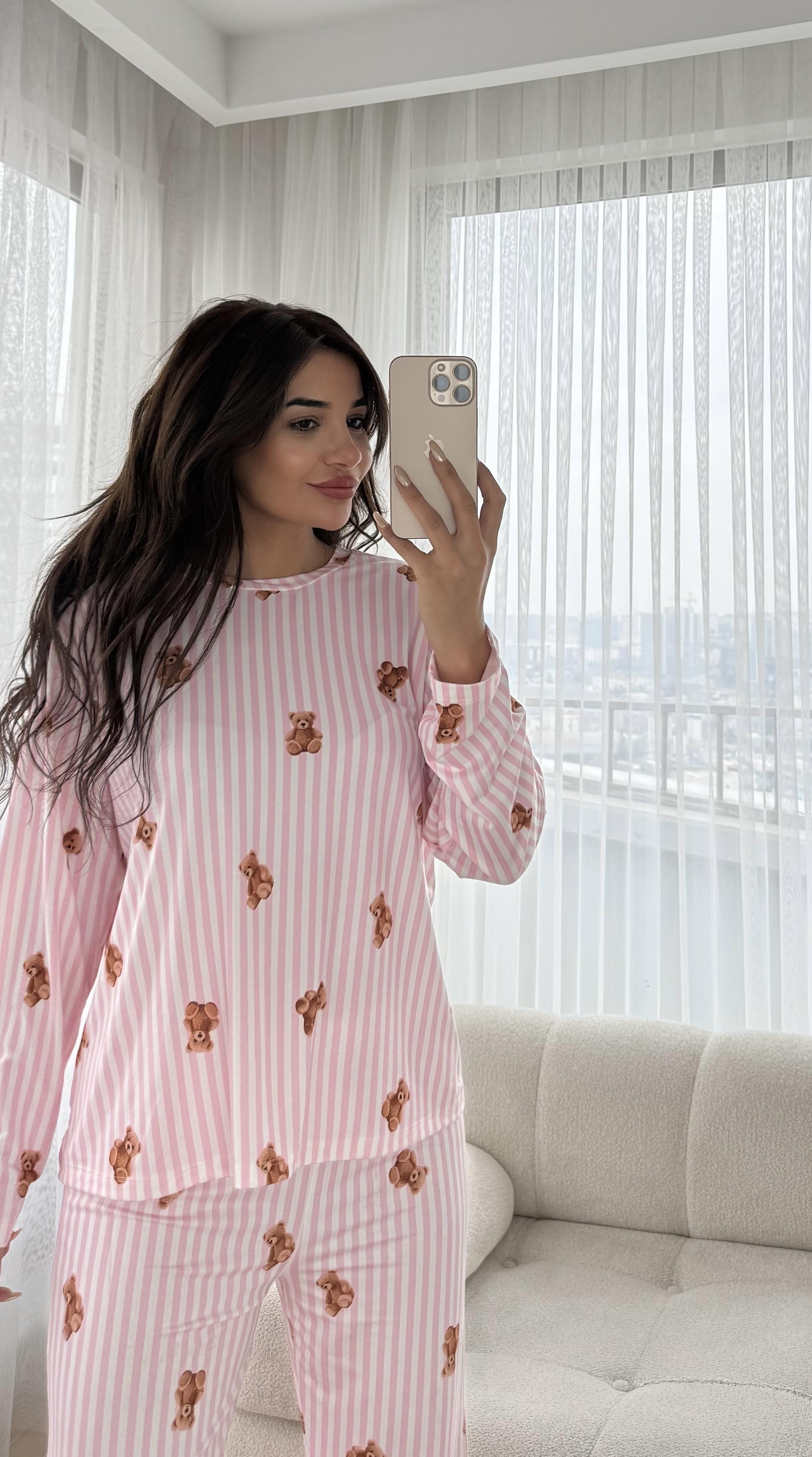 Pembe Premium Kalite Uzun Kollu Ayıcık Desenli Pijama Takımı