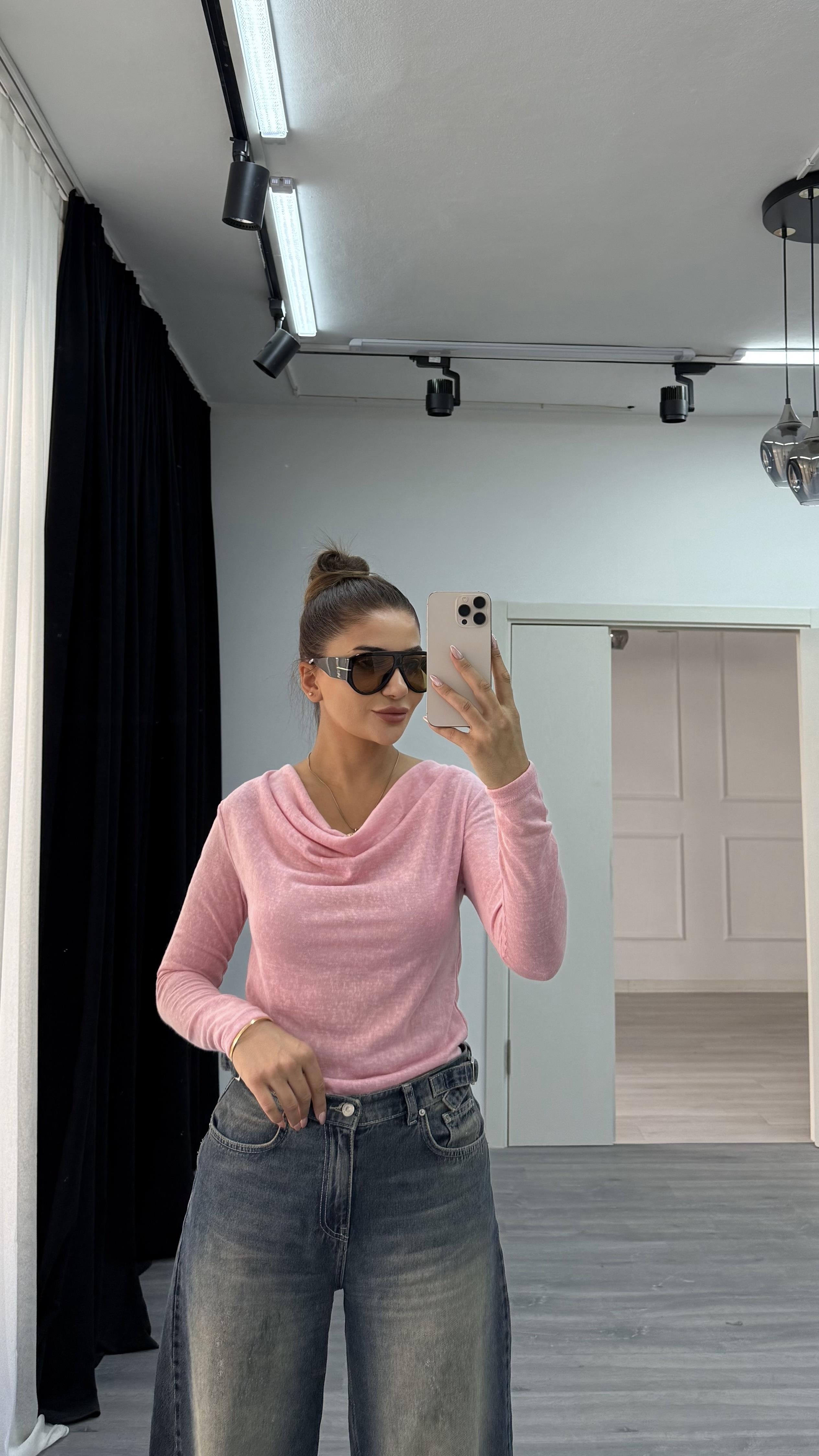 Premium Degaje Yaka Uzun Kol Bluz-Pembe