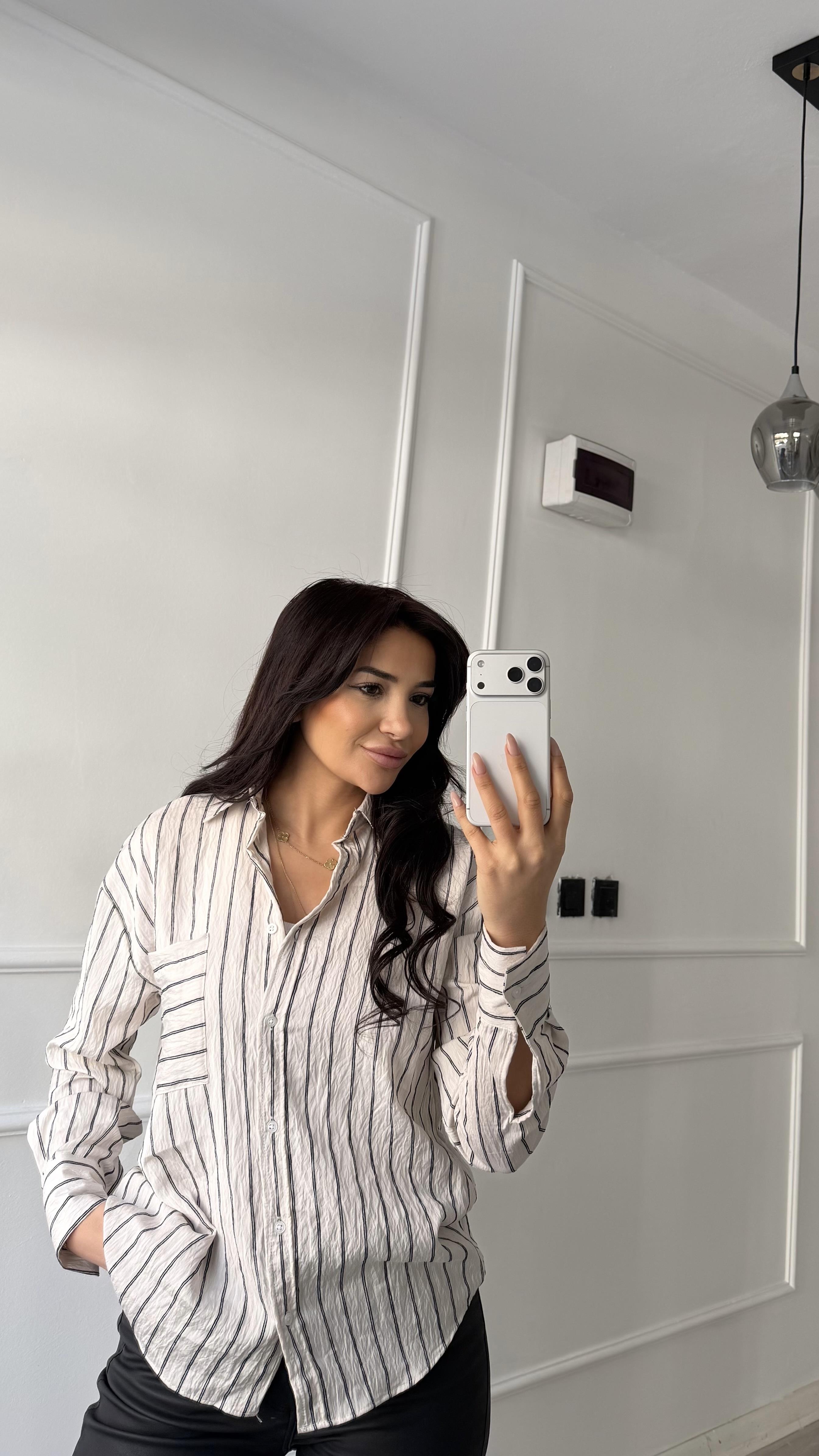 Premium Kalite Çizgili Gömlek Ekru