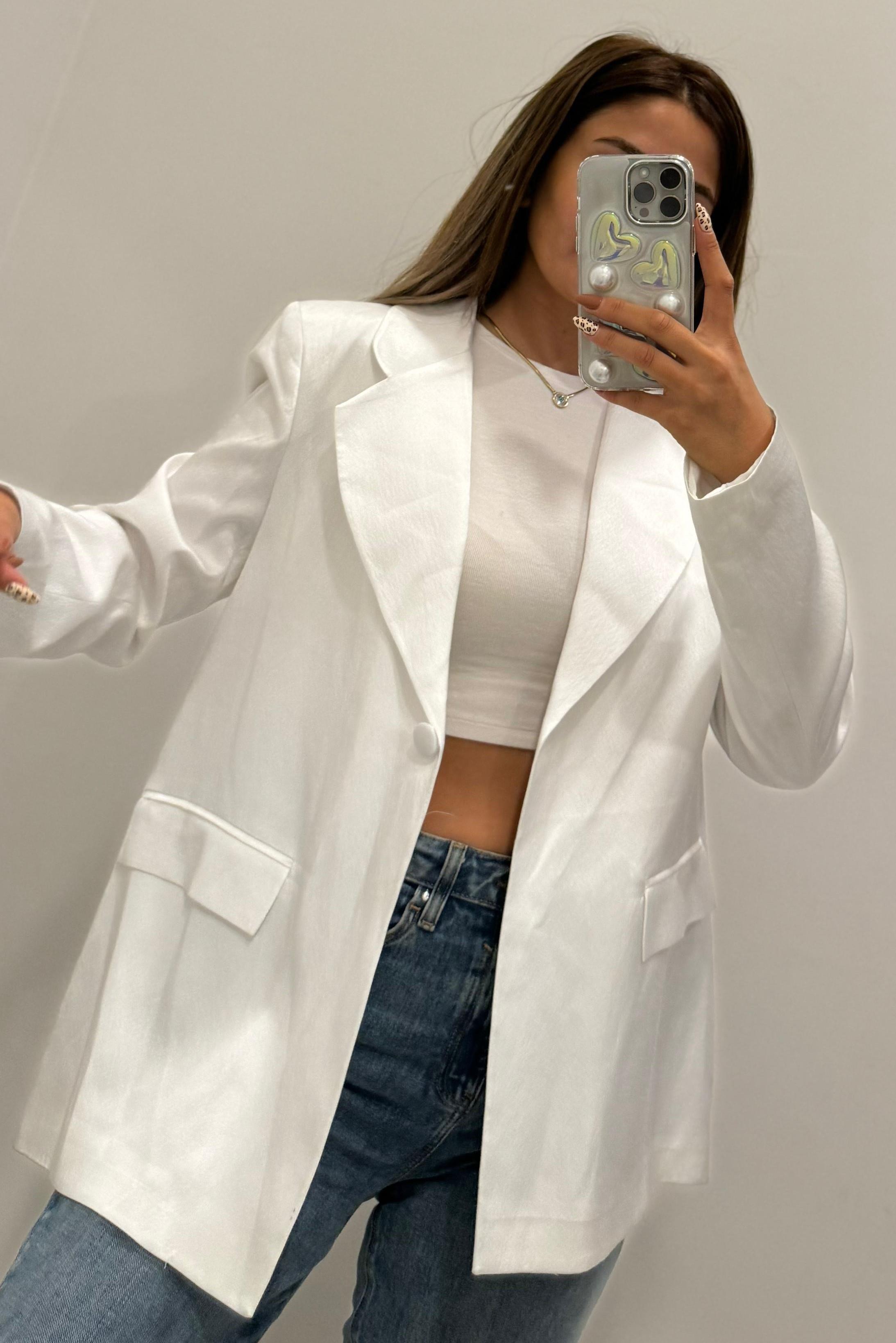 Saten Blazer Ceket - Beyaz