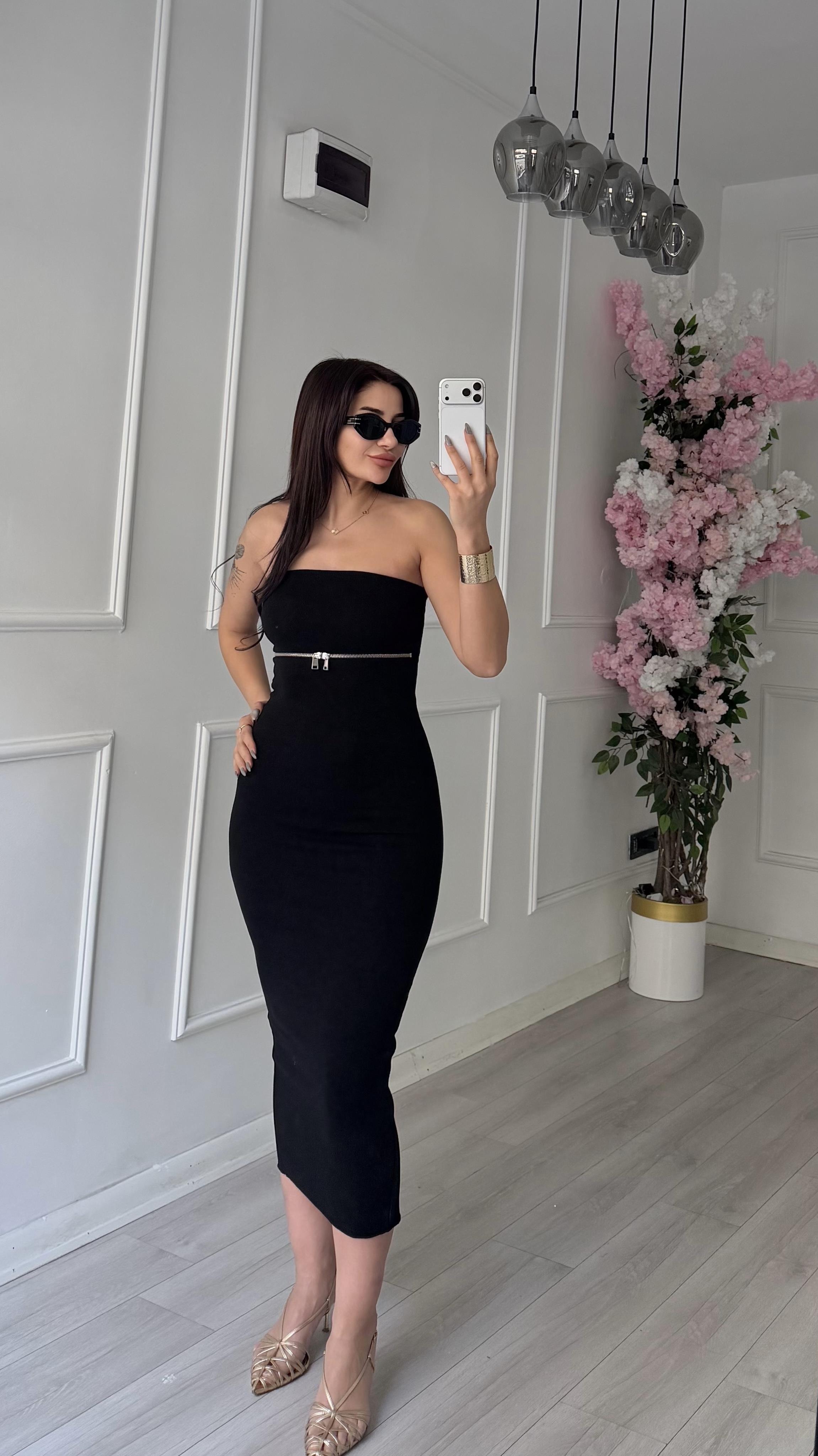Siyah Straplez Önü Fermuarlı Elbise