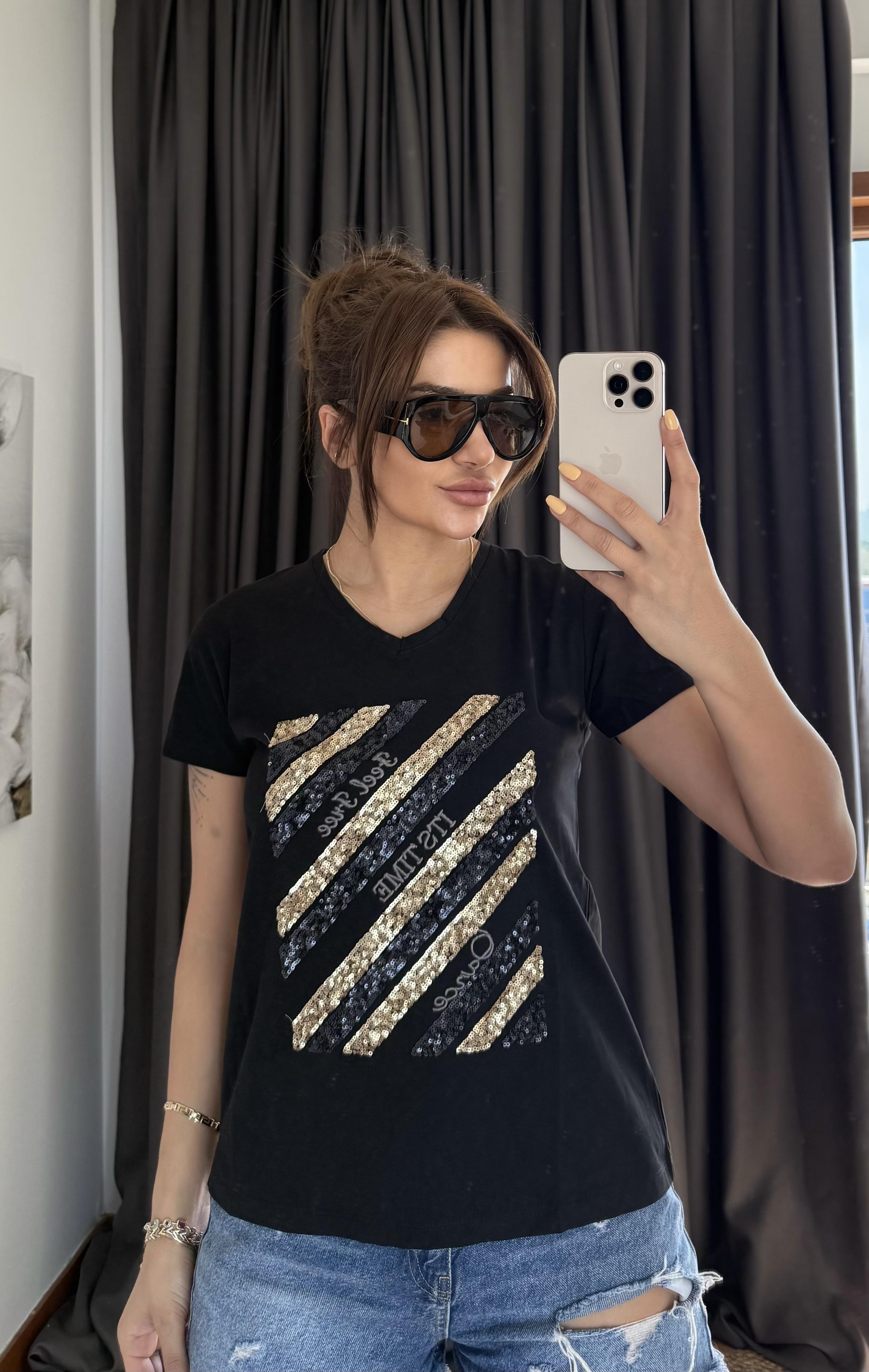 Siyah Yeni Sezon %100 Pamuk T-shirt-İşlemeli