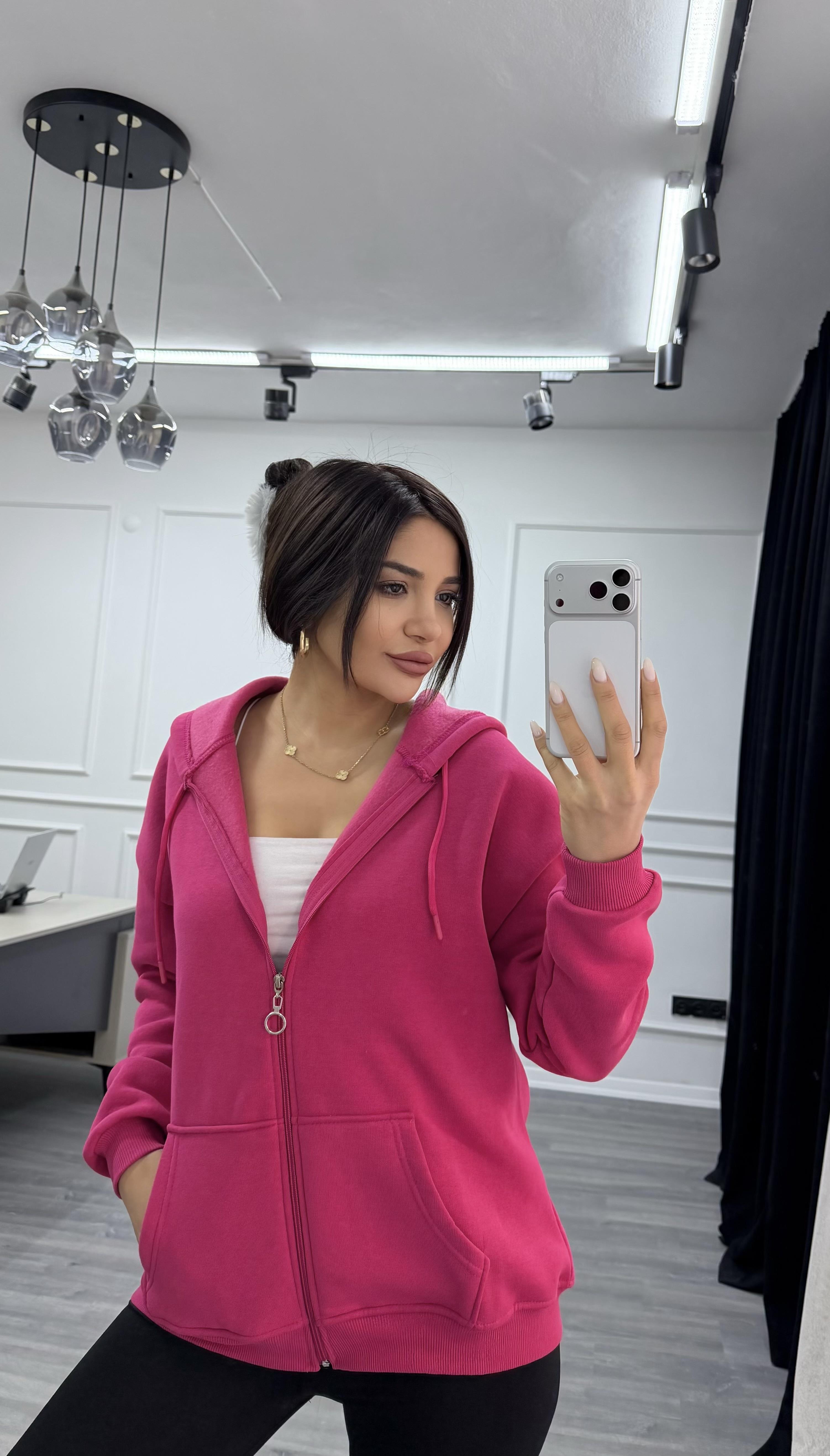 Üç İplik Kapüşonlu Sweatshirt Fuşya