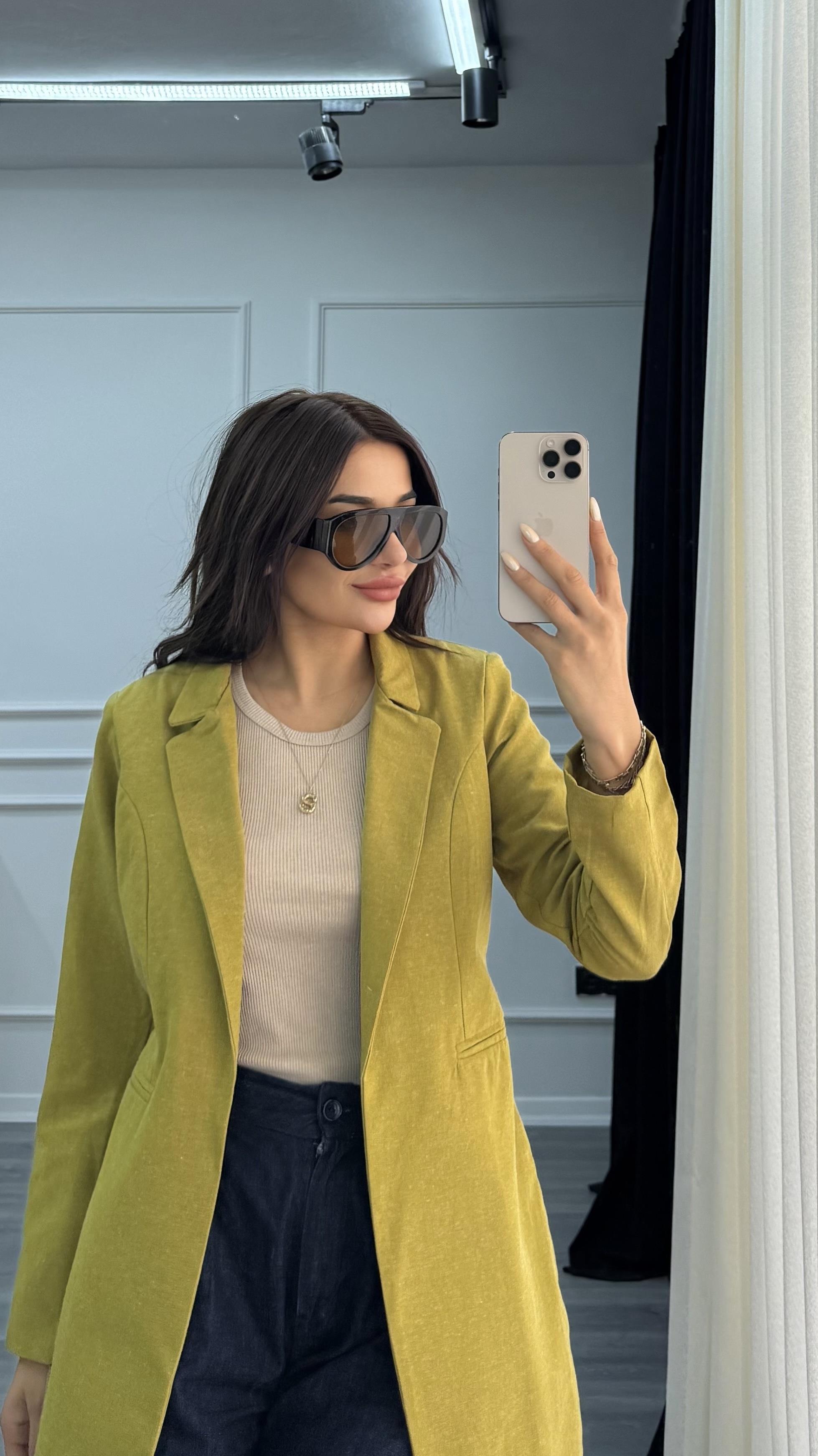 Yağ Yeşili Düğmesiz Keten Blazer Ceket