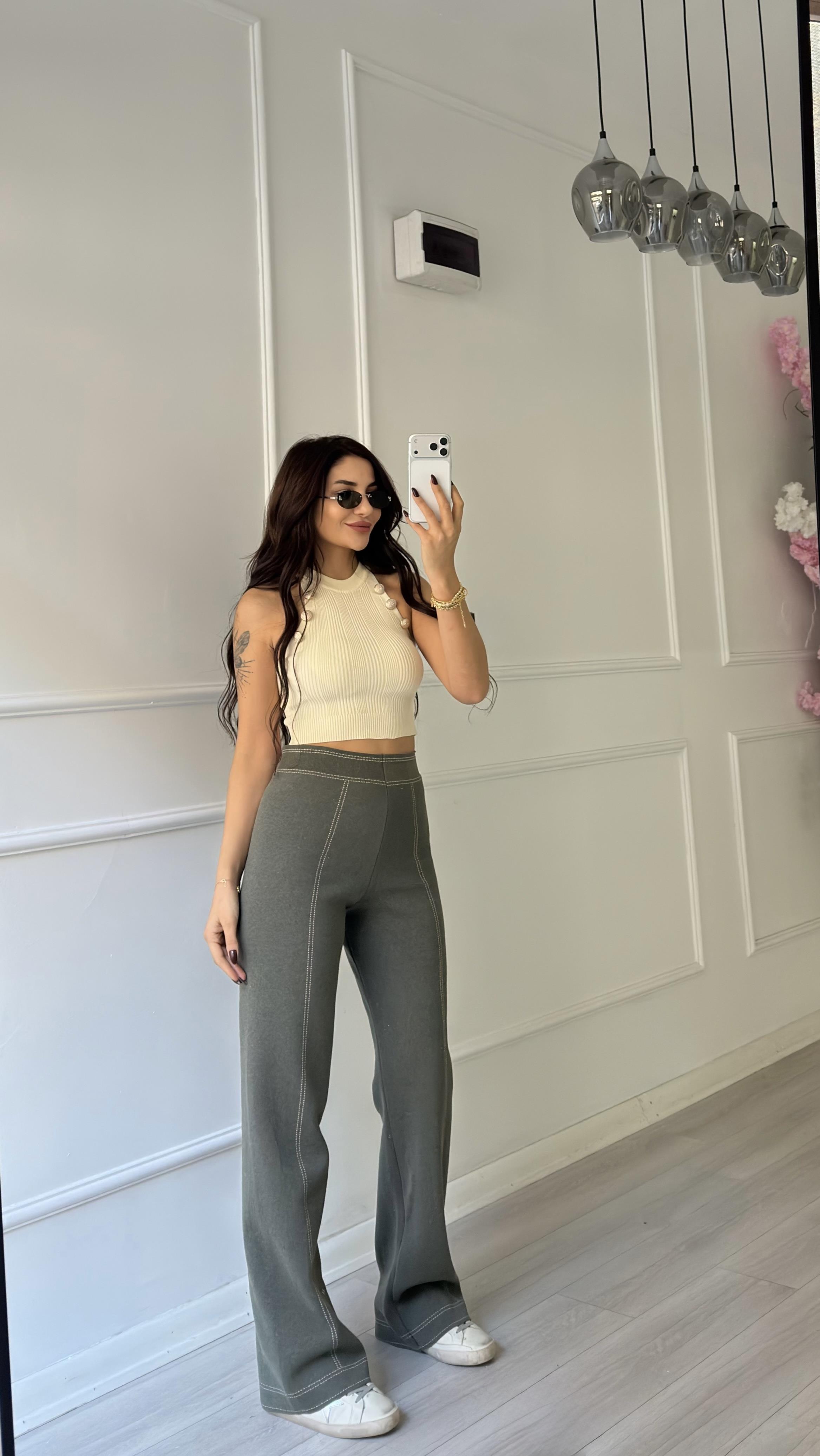 Yeşil Dikişli Geniş Paça Çelik Triko Pantolon
