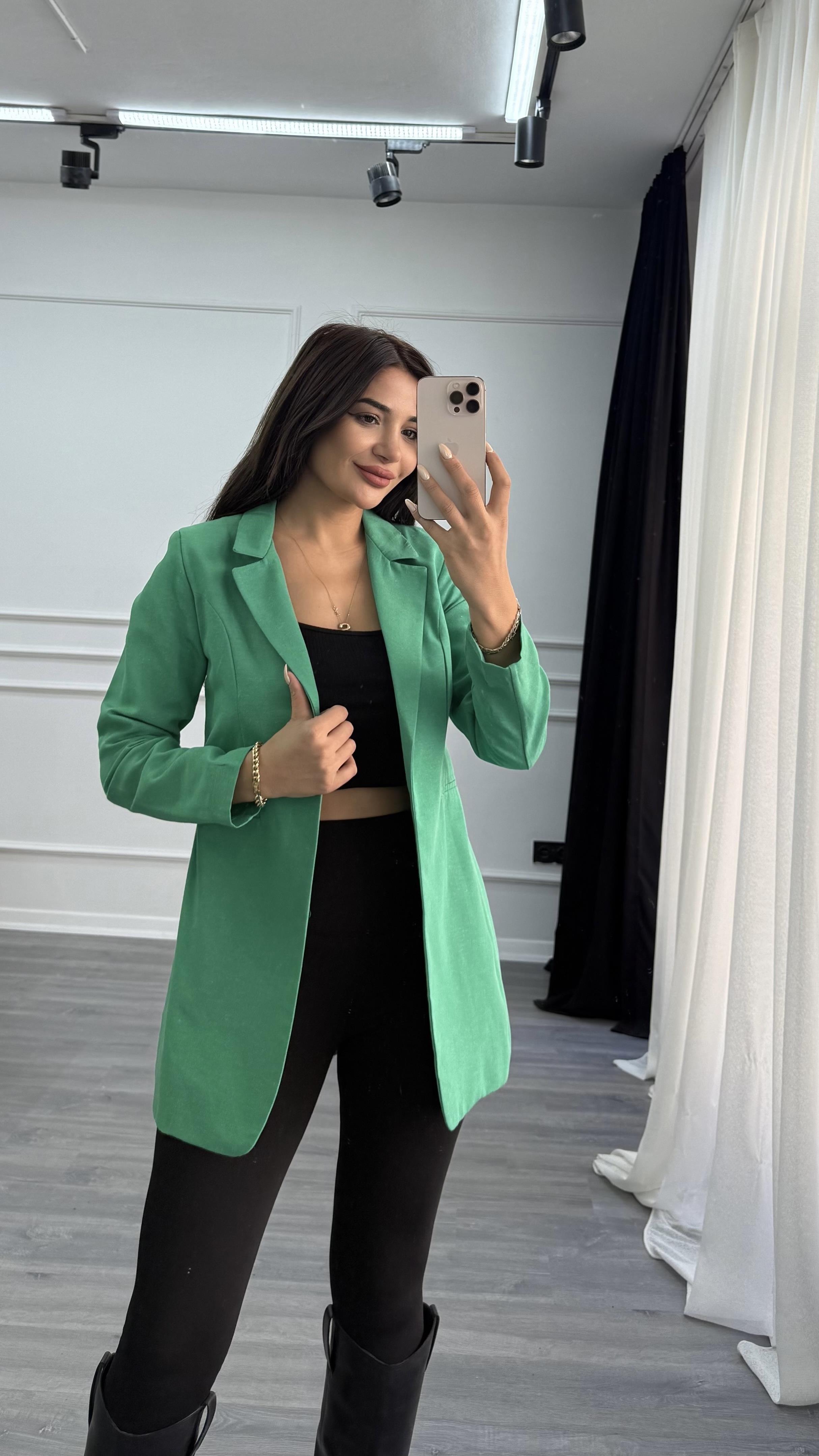 Yeşil Düğmesiz Keten Blazer Ceket