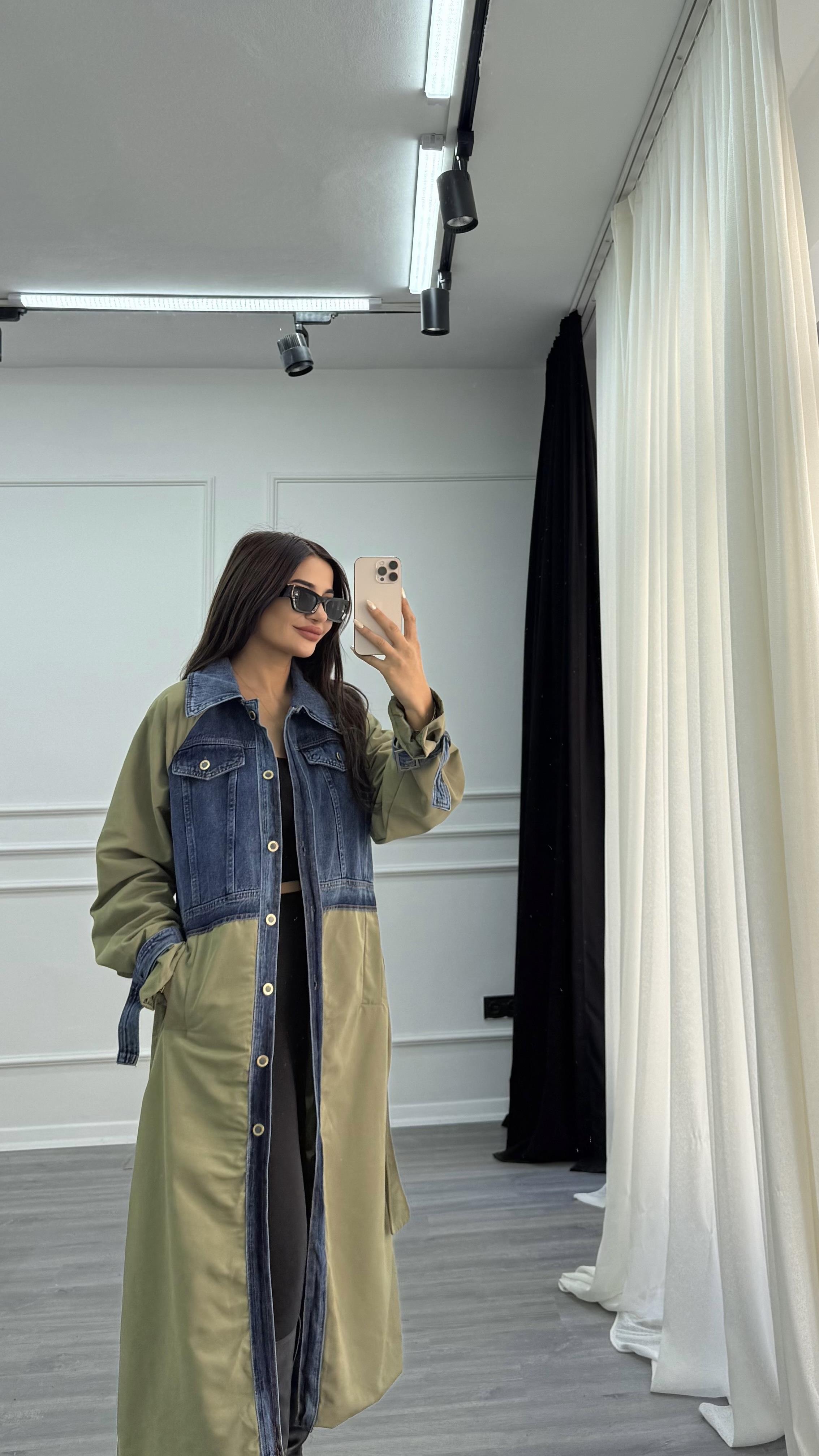 Yeşil Uzun Denim Detaylı Kuşaklı Trençkot