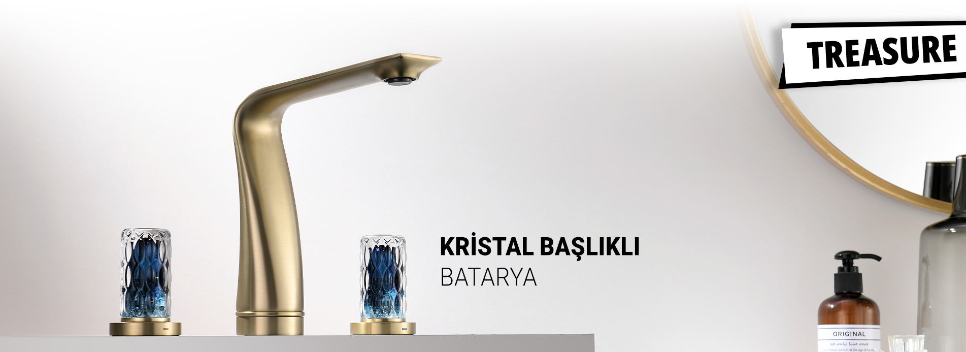 Treasure 3 Delikli Kristal Başlıklı Lavabo Bataryası Brushed Gold