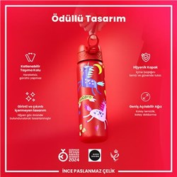Ion8 - Paslanmaz Çelik İnce Suluk - Kırmızı Unicorn - 600 Ml - Sızdırmaz