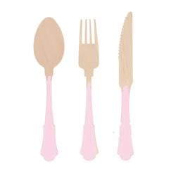 Meri Meri - Ahşap Çatal-Kaşık-Bıçak Set - Pembe Çizgili - 24 Adet