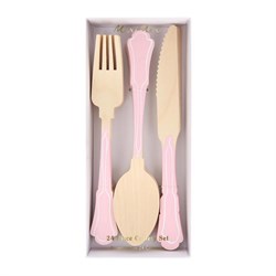 Meri Meri - Ahşap Çatal-Kaşık-Bıçak Set - Pembe Çizgili - 24 Adet