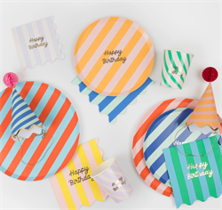 Meri Meri - Çizgili Happy Birtdhay Bardaklar - 8 Adet
