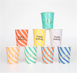 Meri Meri - Çizgili Happy Birtdhay Bardaklar - 8 Adet