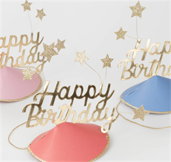 Meri Meri - Happy Birthday & Stars Party Hats(FOIL) - Happy Birthday & Yıldızlar Parti Şapkaları (6Lı)