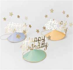 Meri Meri - Happy Birthday & Stars Party Hats(FOIL) - Happy Birthday & Yıldızlar Parti Şapkaları (6Lı)