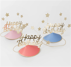 Meri Meri - Happy Birthday & Stars Party Hats(FOIL) - Happy Birthday & Yıldızlar Parti Şapkaları (6Lı)