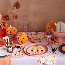 Meri Meri - Pink & Orange Stripy Pumpkin Plates - Pembe & Turuncu Çizgili Balkabağı Tabaklar (8Li)