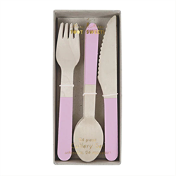 Meri Meri - Pink Wooden Cutlery Set - Pembe Tahta Çatal-Kaşık-Bıçak Set
