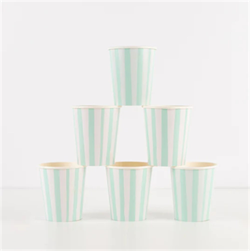 Meri Meri - Mint Stripe Cups - Mint Çizgili Bardaklar - 8li