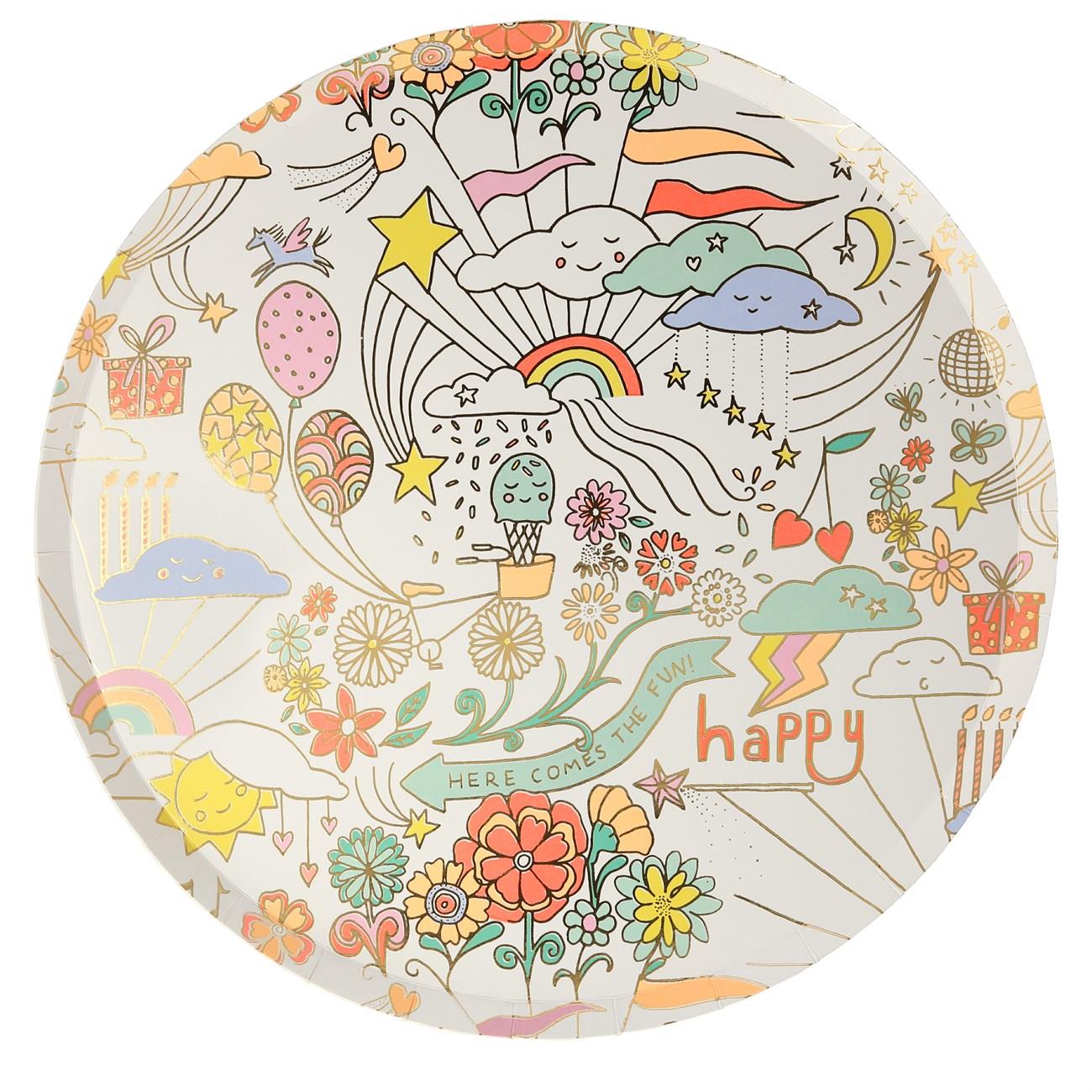 Meri Meri - Happy Doodle Plates - Renkli Doodle Tabak - 8'li