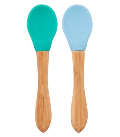 OiOi Bambu Saplı Silikon Kaşık İkili Set, Aqua Green-Mineral Blue Tabaklar OiOi