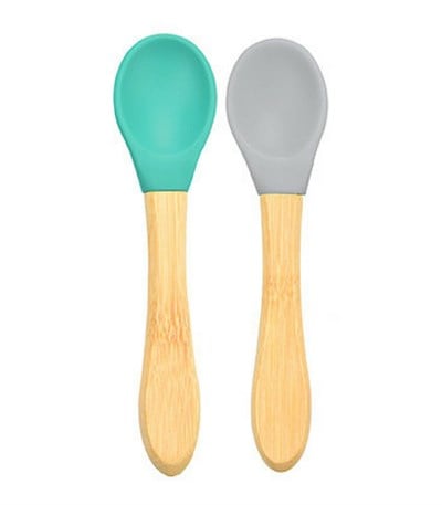 OiOi Bambu Saplı Silikon Kaşık İkili Set, Aqua Green-Powder Grey Tabaklar OiOi
