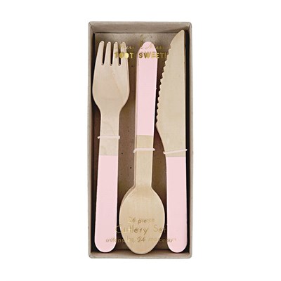 Meri Meri - Pink Wooden Cutlery Set - Pembe Tahta Çatal-Kaşık-Bıçak Set