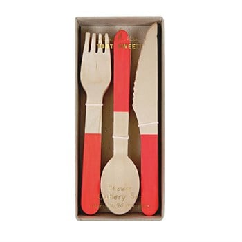 Meri Meri - Red Wooden Cutlery Set - Kırmızı Tahta Çatal-Kaşık-Bıçak Set