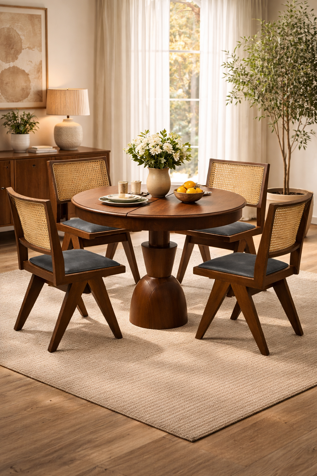 100x100 açılır yuvarlak masa takımı modern yemek odası modeli