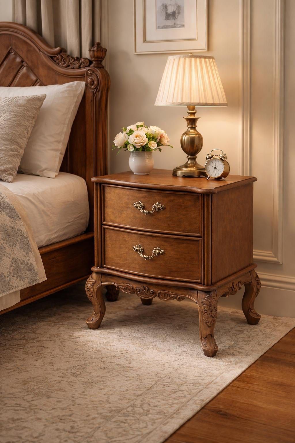 2 çekmeceli klasik komodin modeli zarif ayak tasarımı