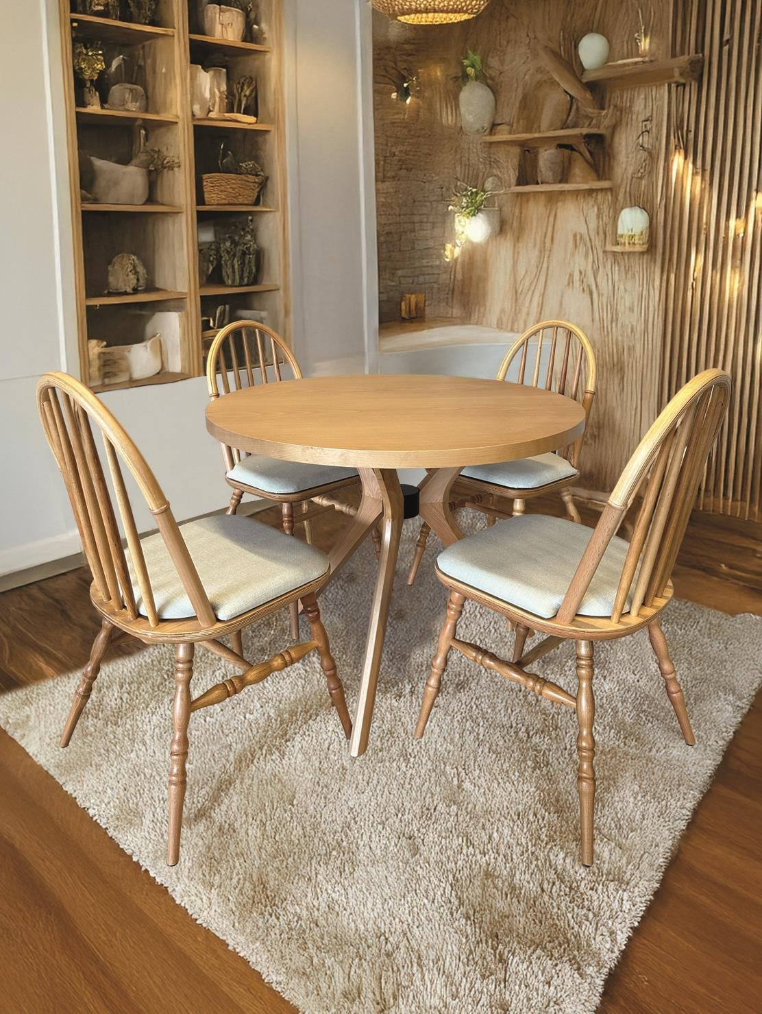 ahşap yuvarlak yemek masası takımı 4 kişilik modern tasarım