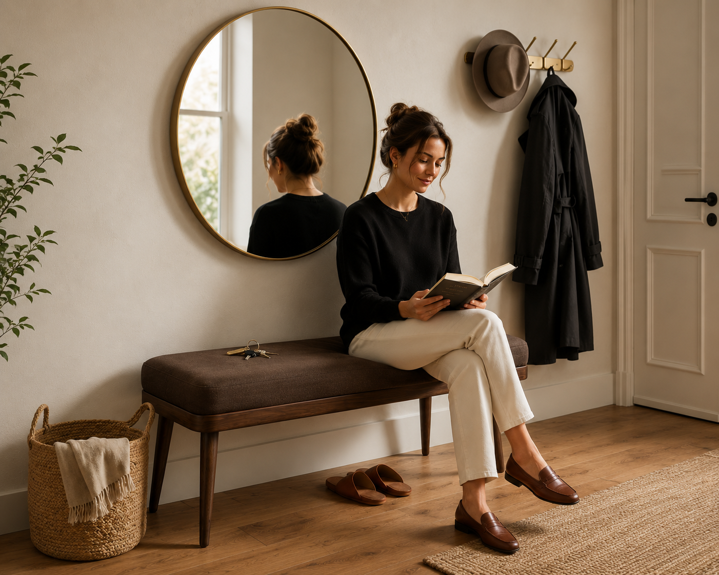 Modern antre dekorasyonu için ahşap bench ve yuvarlak ayna – Alberohome