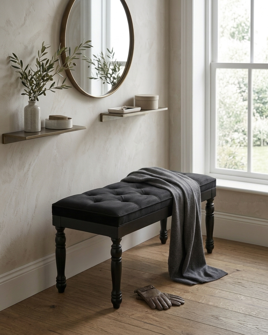 Kapitoneli Bench Puf Modeli 90x40 cm Beyaz Kumaşlı Ahşap Ayaklı Yatak Ucu Pufu | Alberohome
