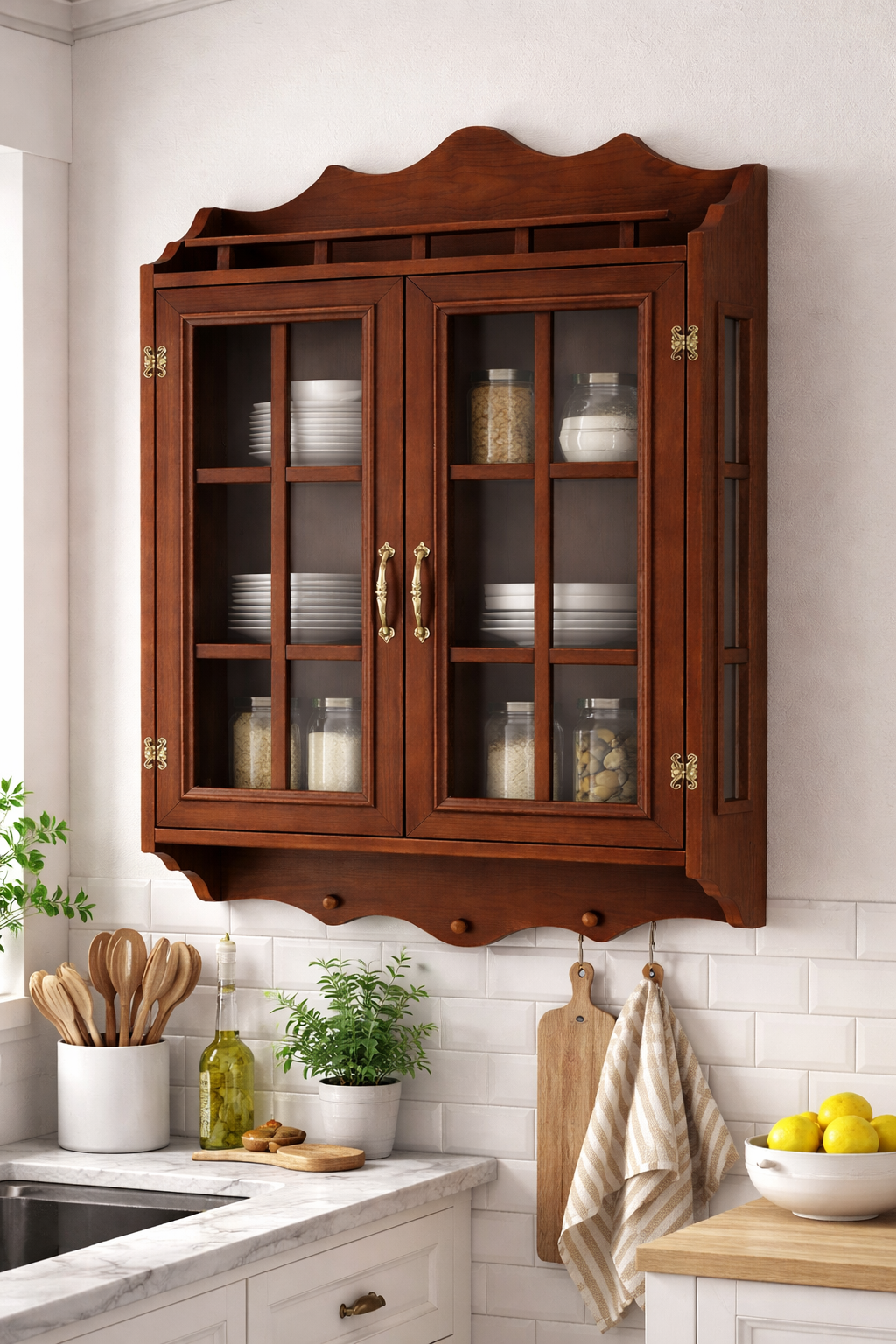 klasik beyaz cam kapaklı duvar dolabı mutfak dekorasyonu alberohome