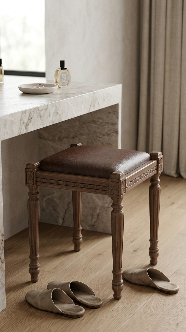 Klasik beyaz puf tabure modeli ahşap dekoratif tabure Alberohome