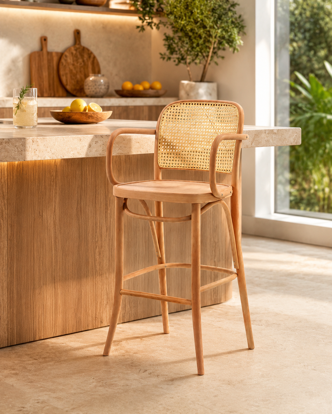 Alberohome Serena Hazeranlı Ahşap Bar Sandalyesi doğal ahşap ve hazeran detaylı modern bar sandalyesi modeli