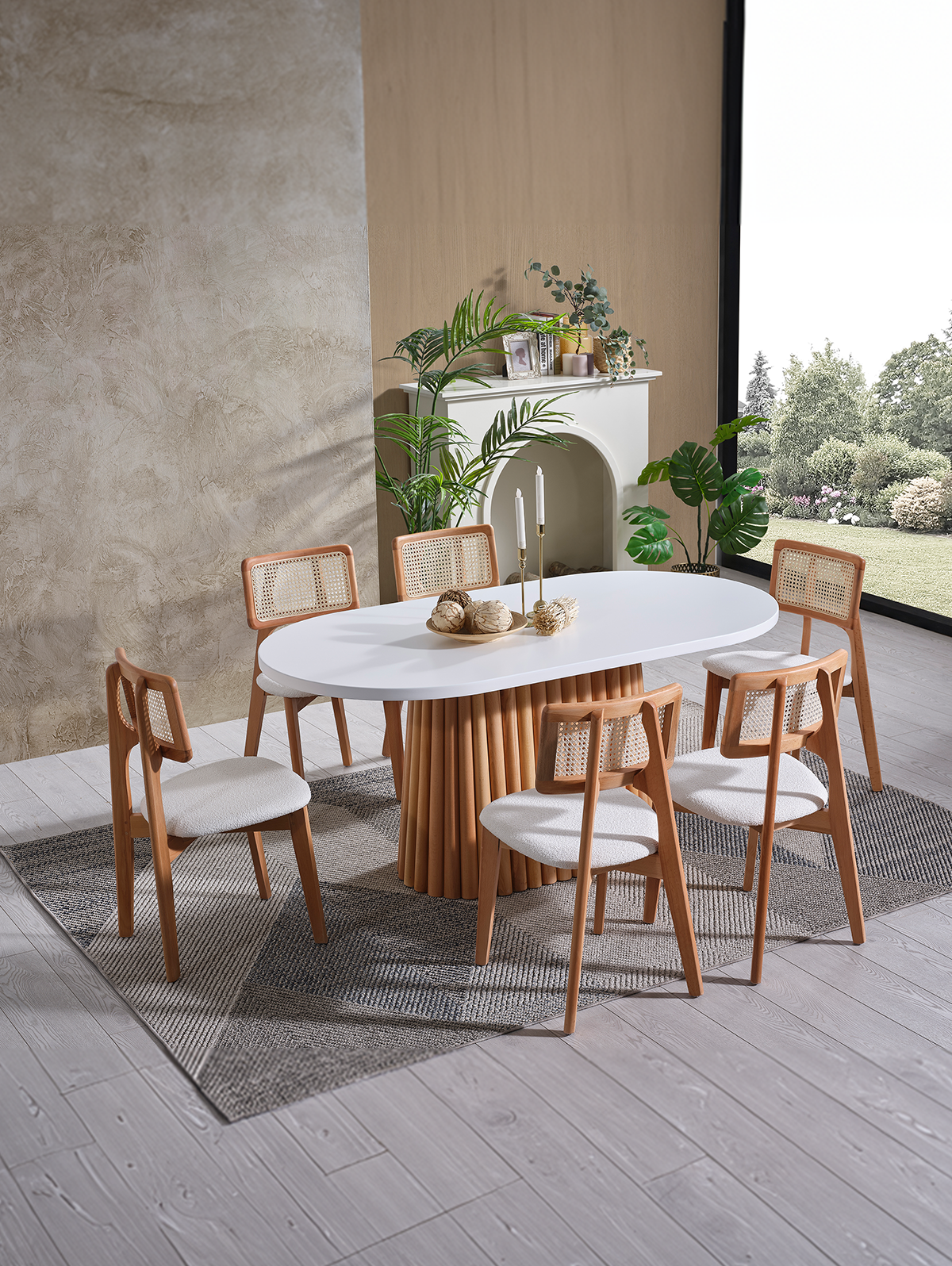 Modern beyaz oval yemek masası ve ahşap sandalye takımı