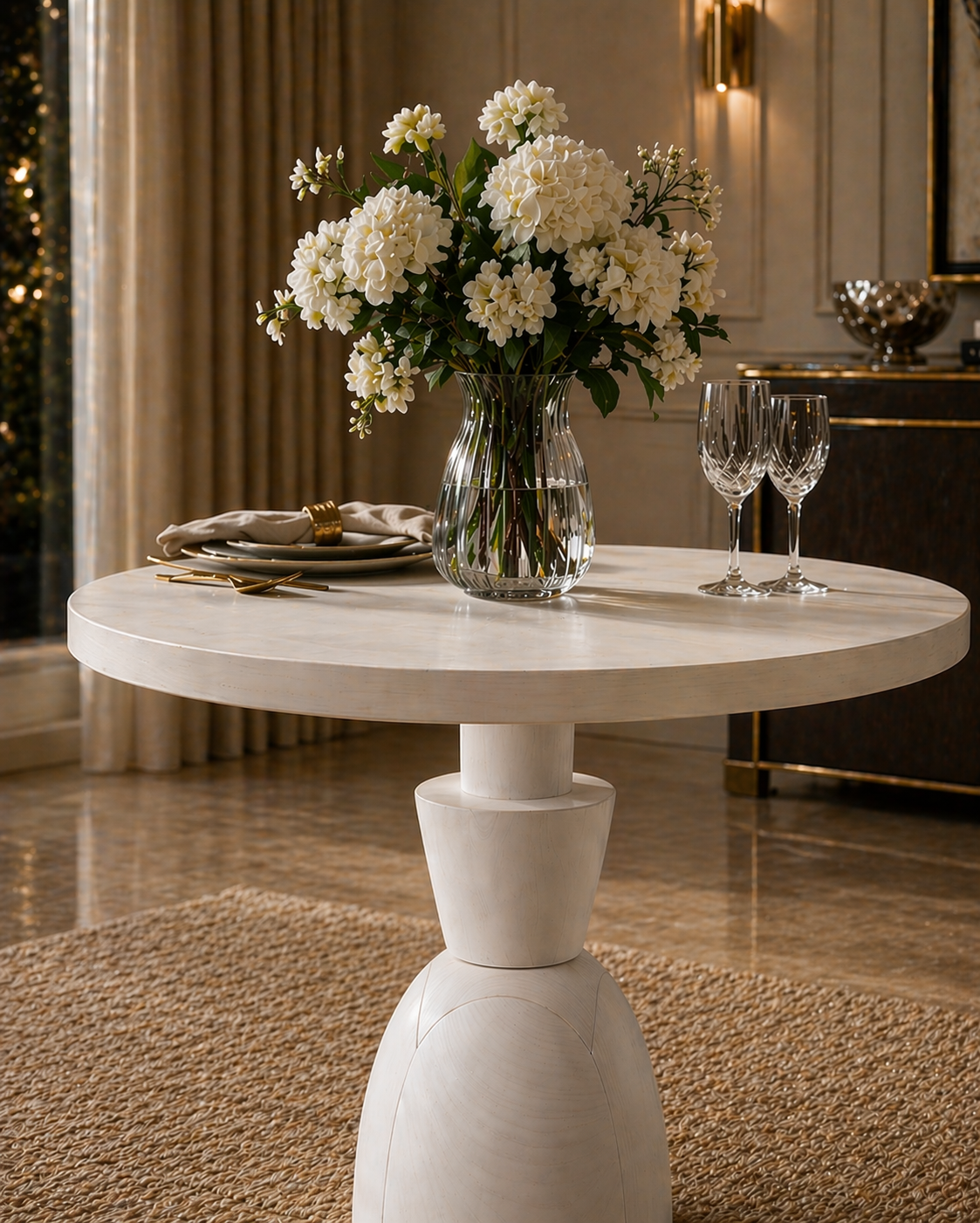 Navora yuvarlak ahşap yemek masası modern ve minimal yaşam alanında kullanım