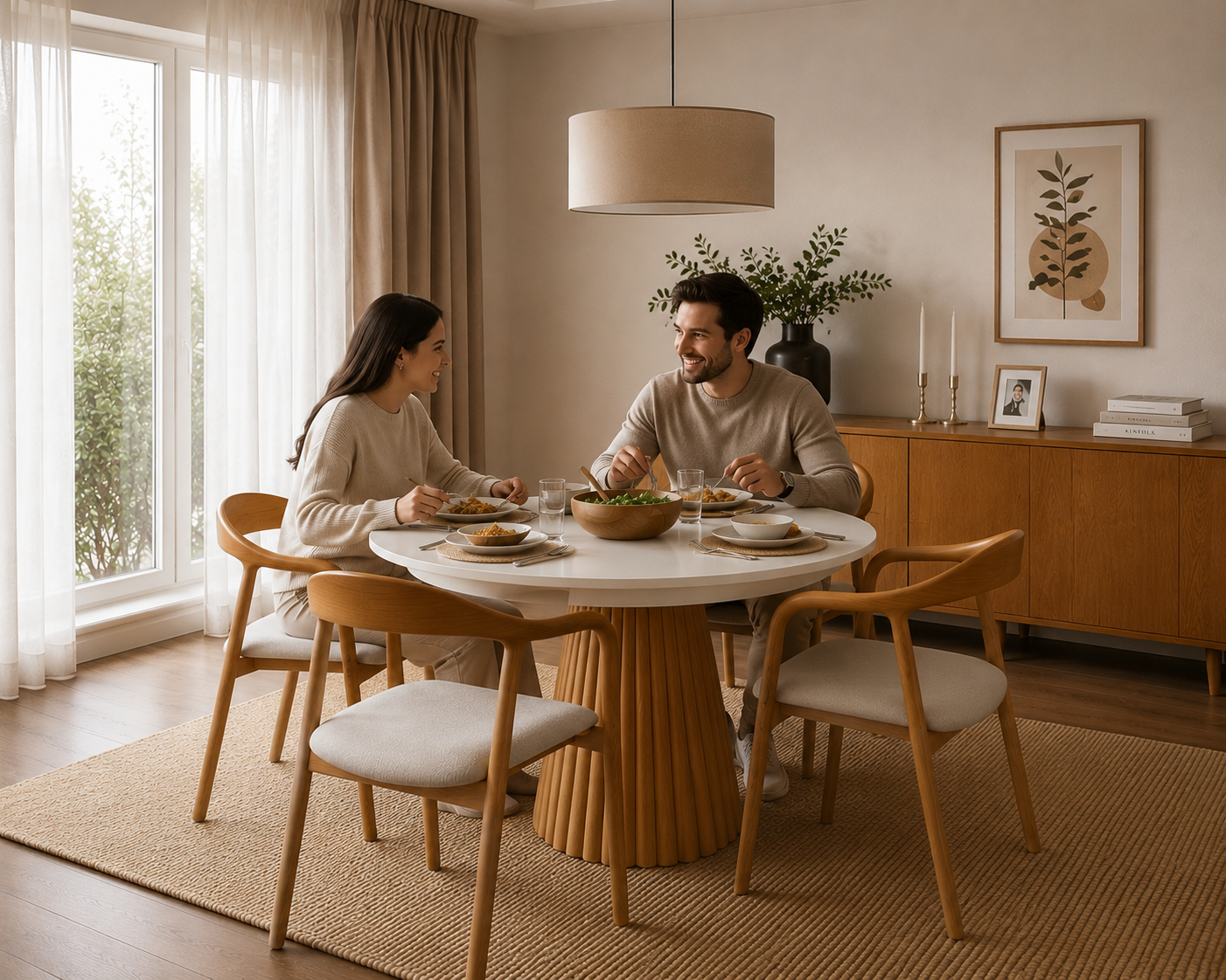 Modern yuvarlak yemek masası takımı ile şık yemek odası dekorasyonu - Alberohome