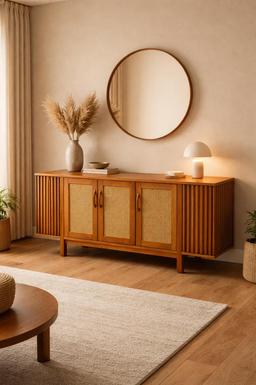 Ahşap Konsol – Hasır Kapaklı Modern Salon Konsolu – 180 cm