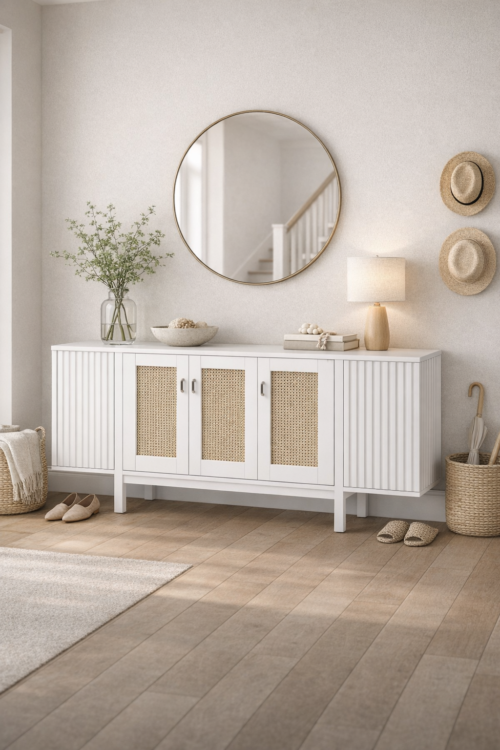 Ahşap Konsol – Hasır Kapaklı Modern Salon Konsolu – 180 cm