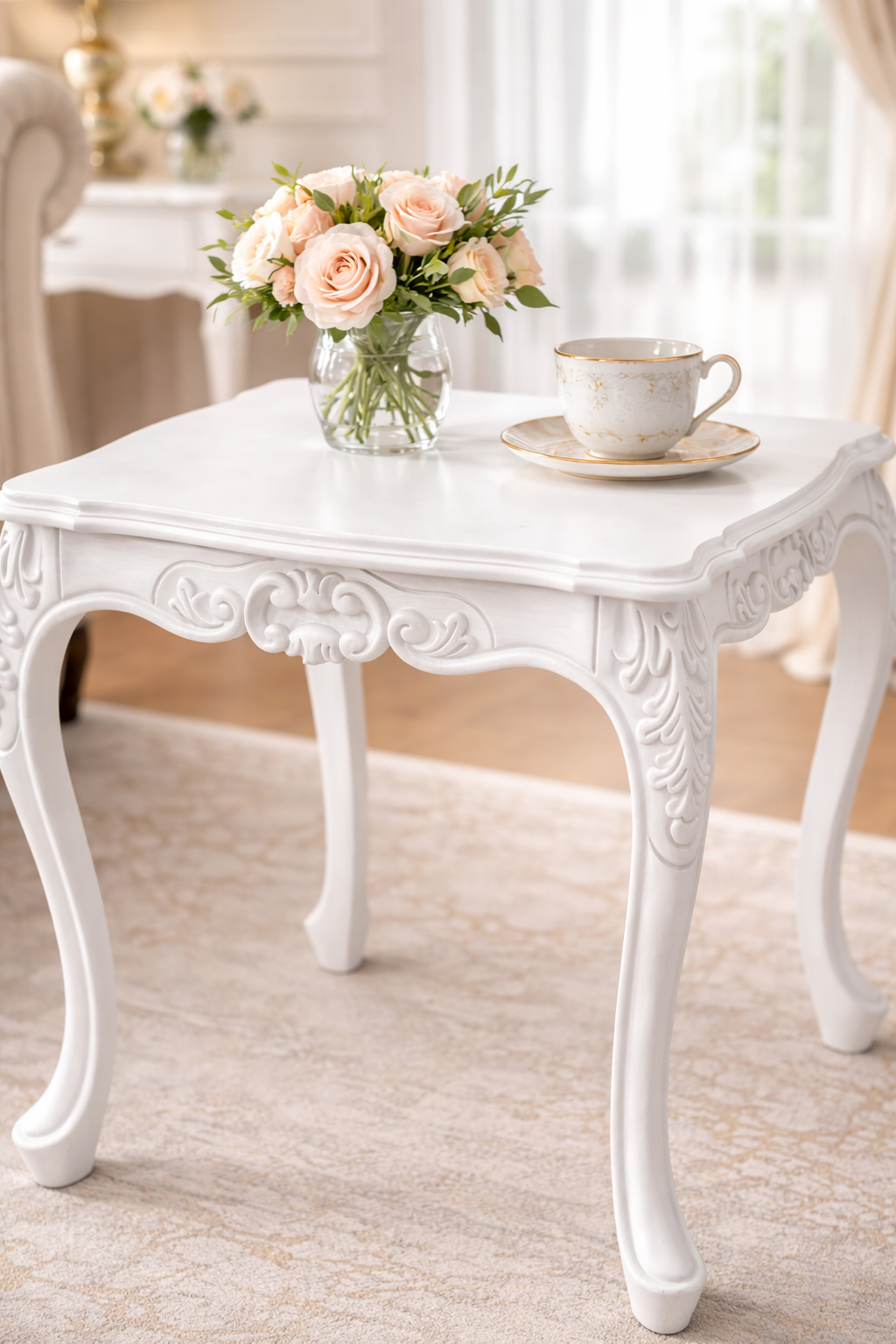 Ahşap Yan Sehpa – Oymalı Ayaklı Klasik Salon Sehpası – 53 cm