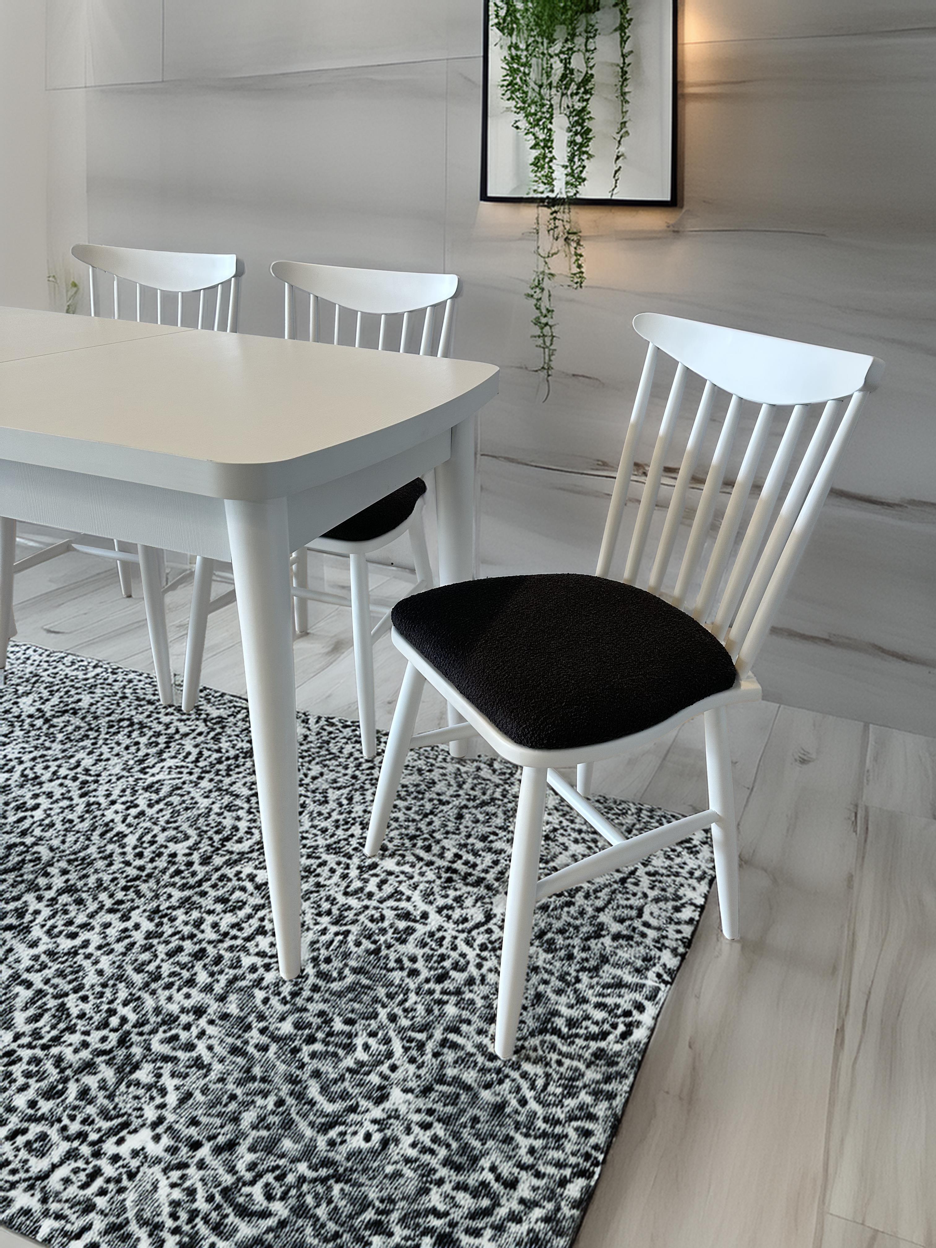 Akasya Ahşap Beyaz Renk Dikdörtgen Açılır Masa Takımı 127x70 Cm - 4 Adet Ahşap Sandalye Bohem & İskandinav Şık Tasarım