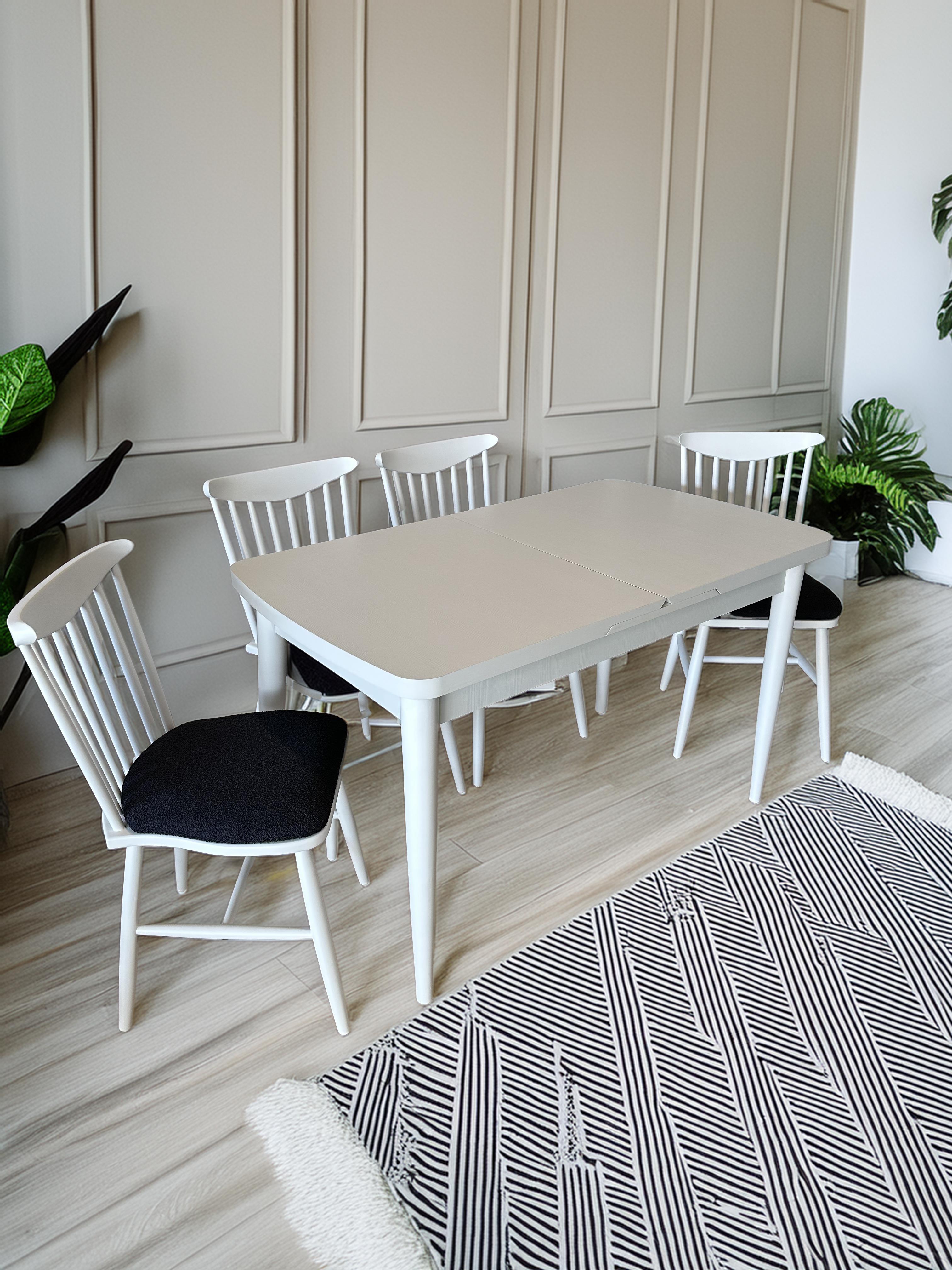 Akasya Ahşap Beyaz Renk Dikdörtgen Açılır Masa Takımı 127x70 Cm - 4 Adet Ahşap Sandalye Bohem & İskandinav Şık Tasarım
